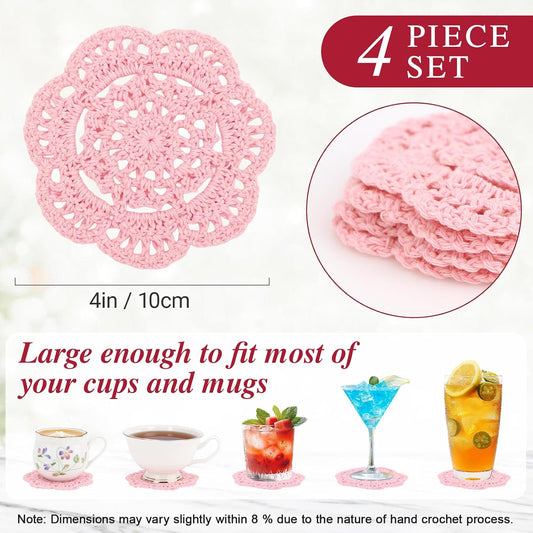 kilofly Small Crochet Cotton Lace Coasters Doilies Pack Set, 4pc, Round, 4 inch (Pink)