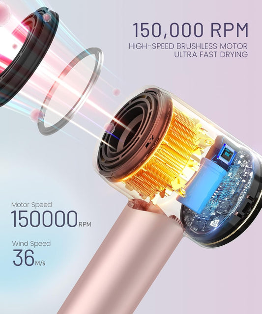 Cosy Companions High-Speed Ionic Hair Dryer, 150000 RPM Brushless Motor for 2-5 Min Fast Drying, Low Noise Blow Dryer Reduces Frizz & Heat Damage, Lightweight Hair Dryer with Diffuser & Nozzle, Pink