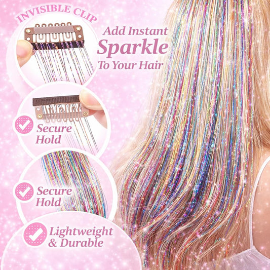 Hair Tinsel 12 Pcs Clip in Hair Tinsel Kit for Girls 22 Inch Glitter Fairy Tinsel Hair Extensions Colorful Heat Resistant Party Festival Accessories for Women (pink/multicolor-12 Pcs)