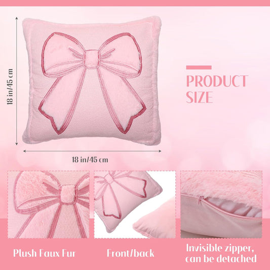 Gilprop Pink Bow Pillow Covers 18x18 Set of 2 Embroidered Coquette Preppy Room Decor Decorative Cute Faux Fur Soft Bowknot Aesthetic Pillow Cover Valentine's Pillowcase for Bed Couch Dormitories Decor