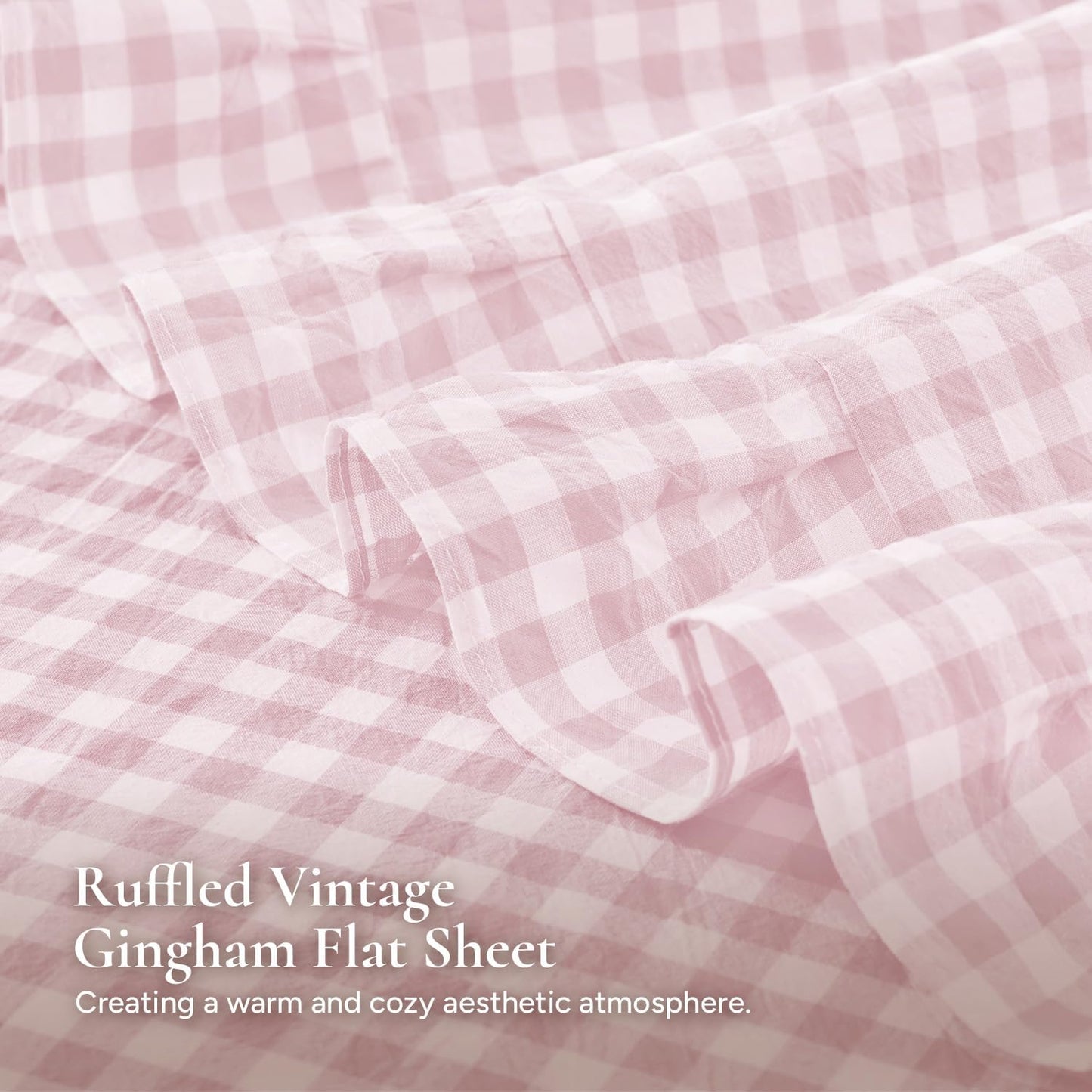 Andency Pink Queen Cotton Gingham Sheets Set, Soft Breathable 100% Washed Cotton Plaid Ruffle Sheet for Queen Size Bed, 4 Pieces Classic Aesthetic Shabby Chic Farmhouse Room Decor Bedding Set