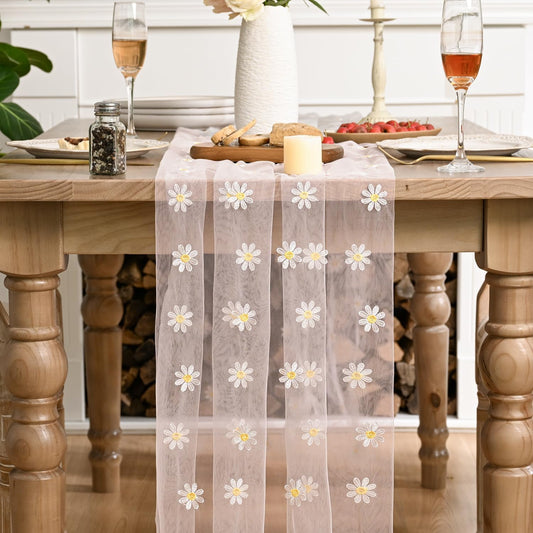 Artoid Mode Light Pink Daisy Gauze Embroidery Table Runner 120 Inch 10FT, Tulle Seasonal Spring Kitchen Dining Holiday Table Decor for Home Party