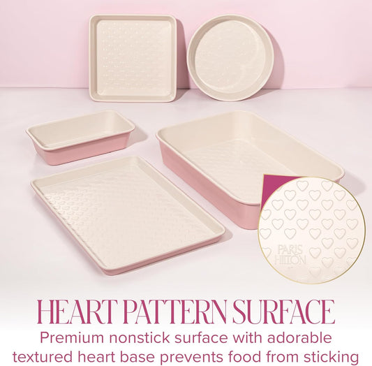Paris Hilton 5-Piece Baking Pans Set, Nonstick Heart Pattern Bakeware Set with Heavy Duty Carbon Steel, Includes Square Pan, Round Pan, Loaf Pan, Roasting Pan & Cookie Sheet, 5-Piece, Pink