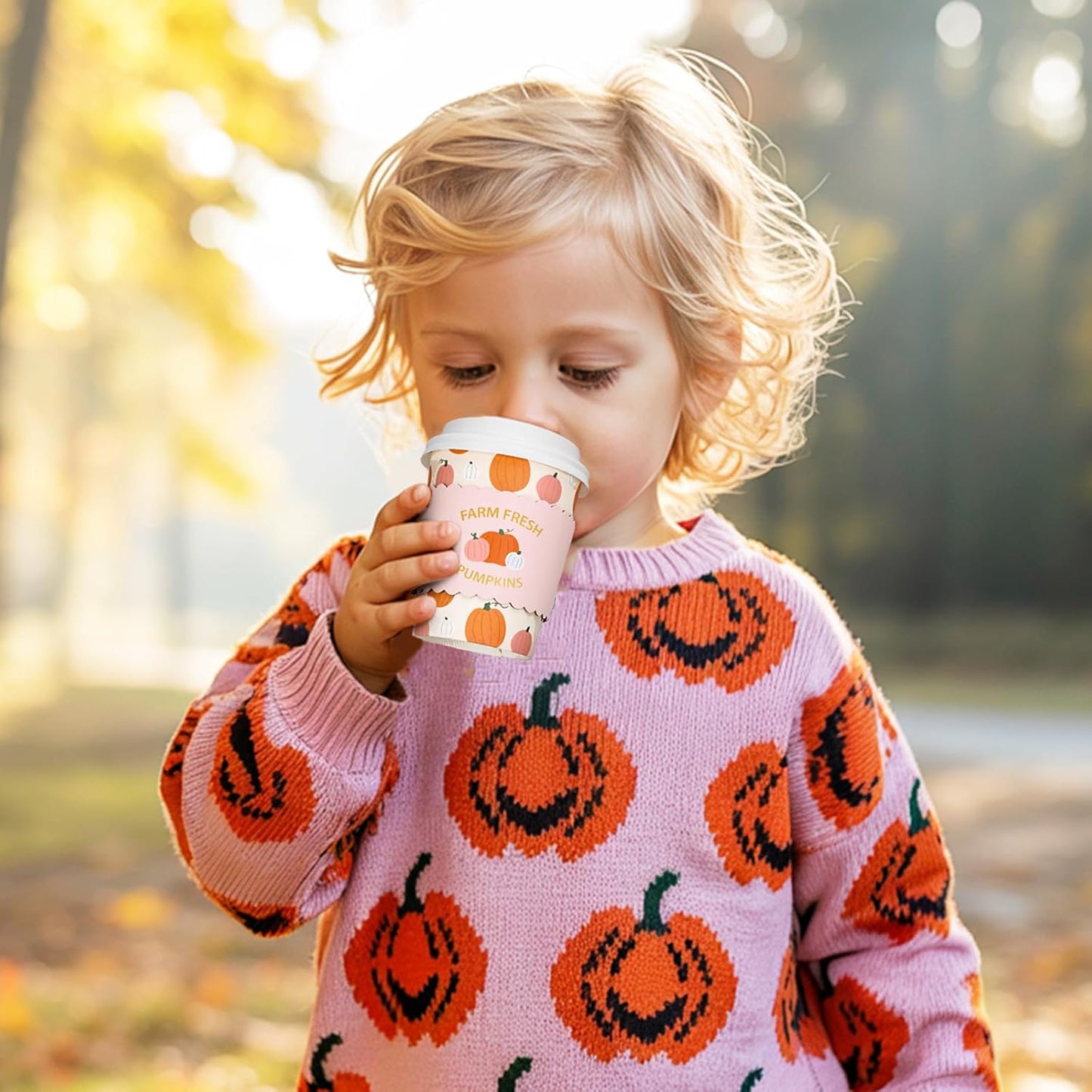 FYSUIMU 50 Pcs 8 Oz Fall Thanksgiving Disposable Coffee Cups with Lids and Sleeves Cute Pink Orange Pumpkin Paper Drinking Cups for Autumn Home Picnic Travel Office Business