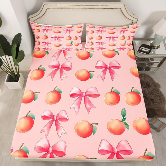 jejeloiu Pink Bow Kids Bed Sheets Set,Boys Girls King Size,Large Peach Fitted Sheet,Cute Coquette Bow Knot Luxury Microfiber Bedding Set,Sweet Peach Bedding Collection Fruit Gift,Pink Orange