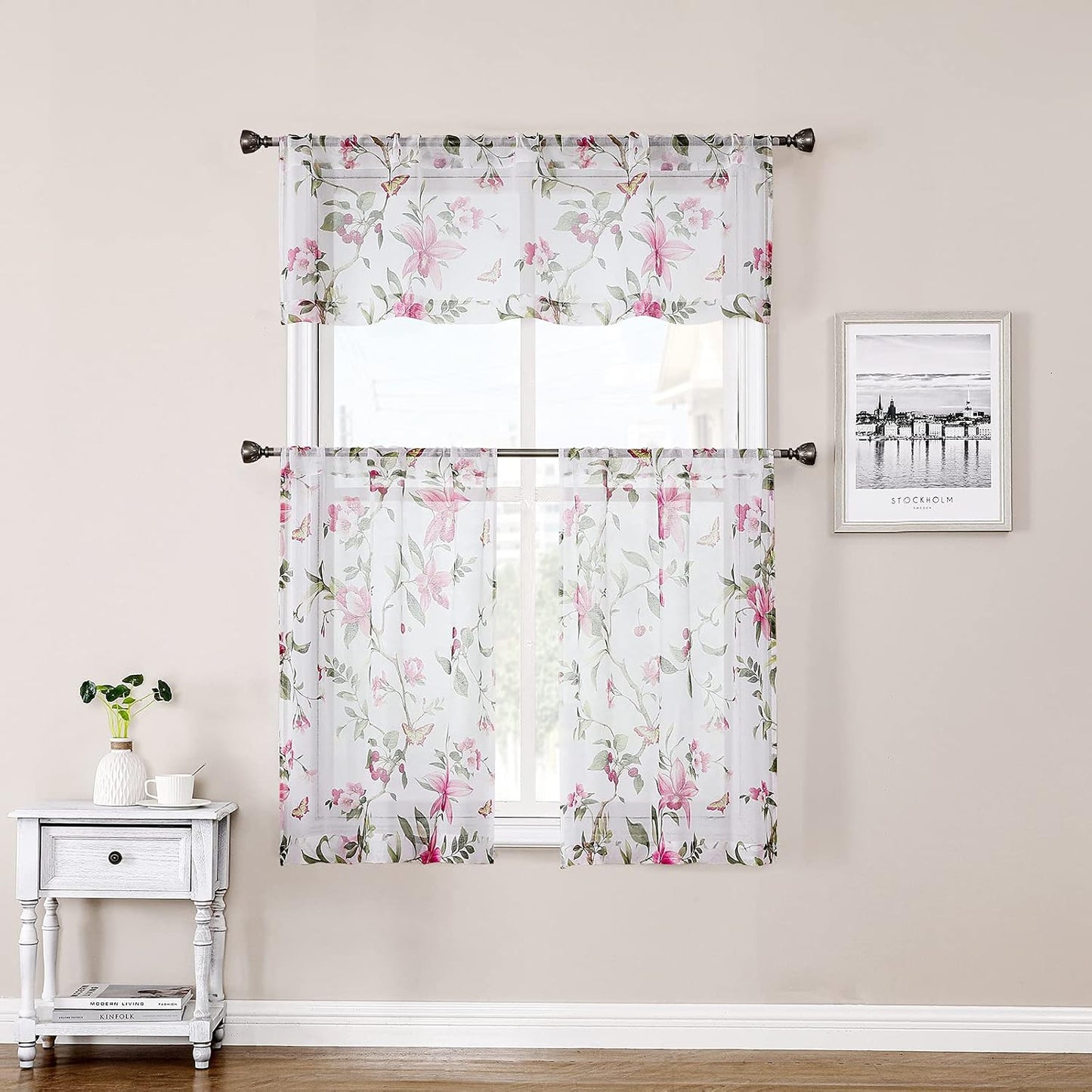 Tollpiz Floral Sheer Curtain Valance Pink Cherry Flower Butterfly Print Living Room Valance Curtains Rod Pocket Voile White Sheer Curtain Valances for Bedroom, 54 x 16 inches Long, Set of 1 Panel