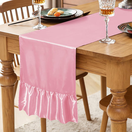 2 Pack Pink Satin Table Runner 12 x 72 Inch Ruffle Table Runner,Satin Runners for Tables-Luxurious Dining and Party Decor