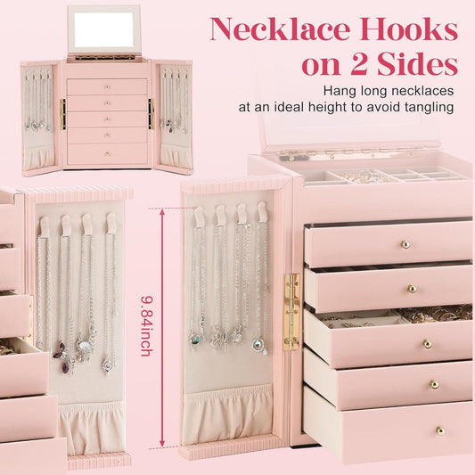 Dajasan Large Jewelry Organizer Box, 6-Tier Jewelry Storage Case with 5 Drawers, Jewelry Boxes for Women Girls with Mirror, Double Door, Textured PU Leather, Gift Idea, Stylish (Pink + Gold)