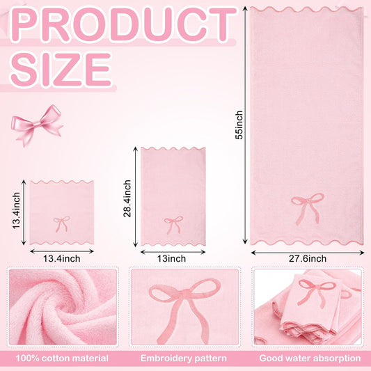 Fanfanwin 3 Pcs Pink Bow Bathroom Towel Set, Scalloped Coquette Fingertip Towels with Embroidery, 100% Cotton Absorbent Hand Towels for Bathroom, Kitchen, Wedding Gifts, Preppy Bath Decor