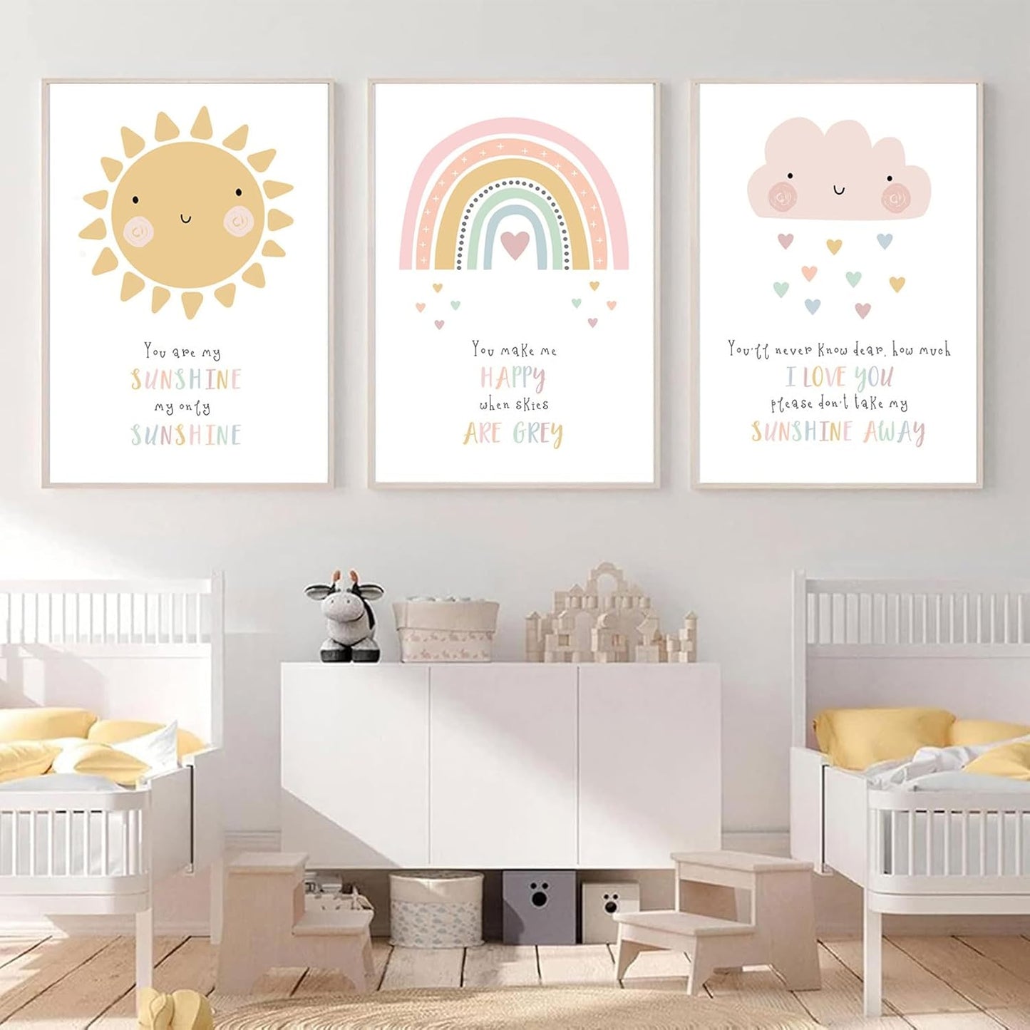 3pcs Pink Nursery Canvas Wall Art Cute Sun Rainbowdark Clouds Posters Prints Kids Bedroom Baby Girls Toddler Pastel Wall Decor Pictures for Classroom School Nursery Decoration Unframed