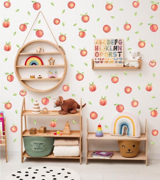 OLMIXA Watercolor Peach Wall Decals - Sweet Fruit with Leaves Wall Stickers - Vinyl Summer Pink Peaches Wall Decals for Playroom Kids Room Kitchen Bathroom Decor