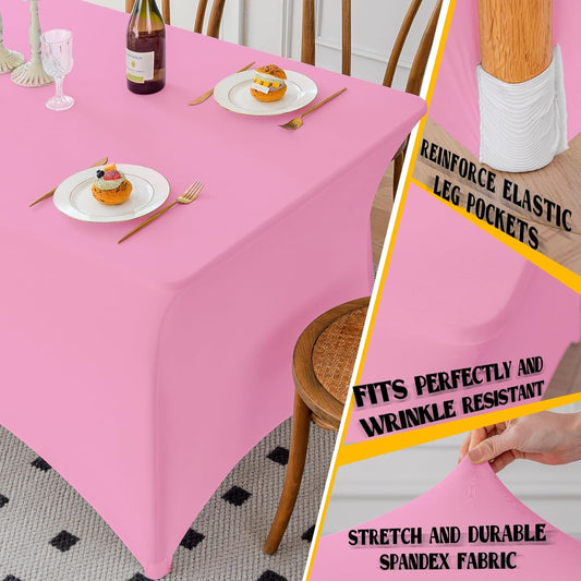 Famstar Table Cloth Pink 6FT Spandex Tablecloth for Rectangle Fitted Table Cloths Stretch Covers Washable Wrinkle Free Tablecloths for Festival Camping Picnic Wedding Party
