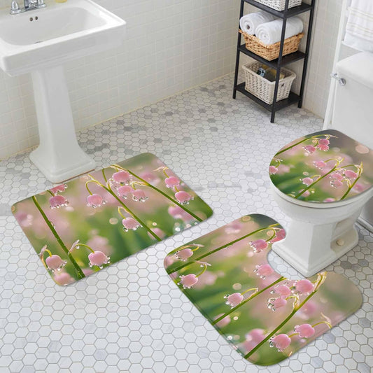 Bathroom Rugs and Mats Sets 3 Piece Pink Flower Bathroom Rugs Set Non Slip Water Absorbent Sunlight Dewdrop Scenery Shower Bath Mats U-Shape Contoured Toilet Mat Lid Cover 20"x31"+16"x18"+16"x20"