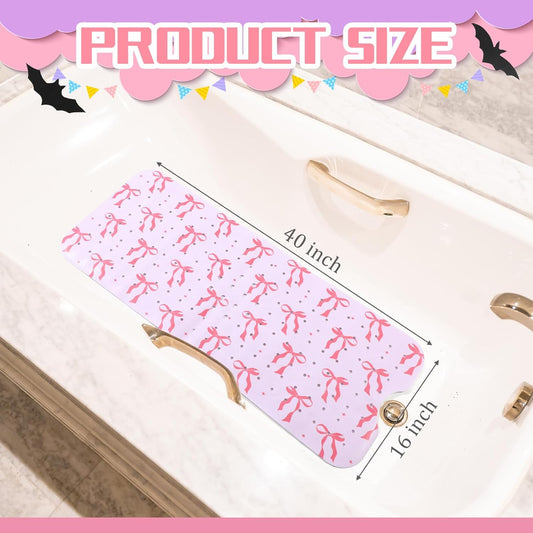 Mudder Pink Bow Bathtub Mat 40 x 16 Inch Cute Tub Mat Shower Non-Slip Extra Long Bathmat with Suction Cups & Drain Holes for Bathroom Tub Non Slip