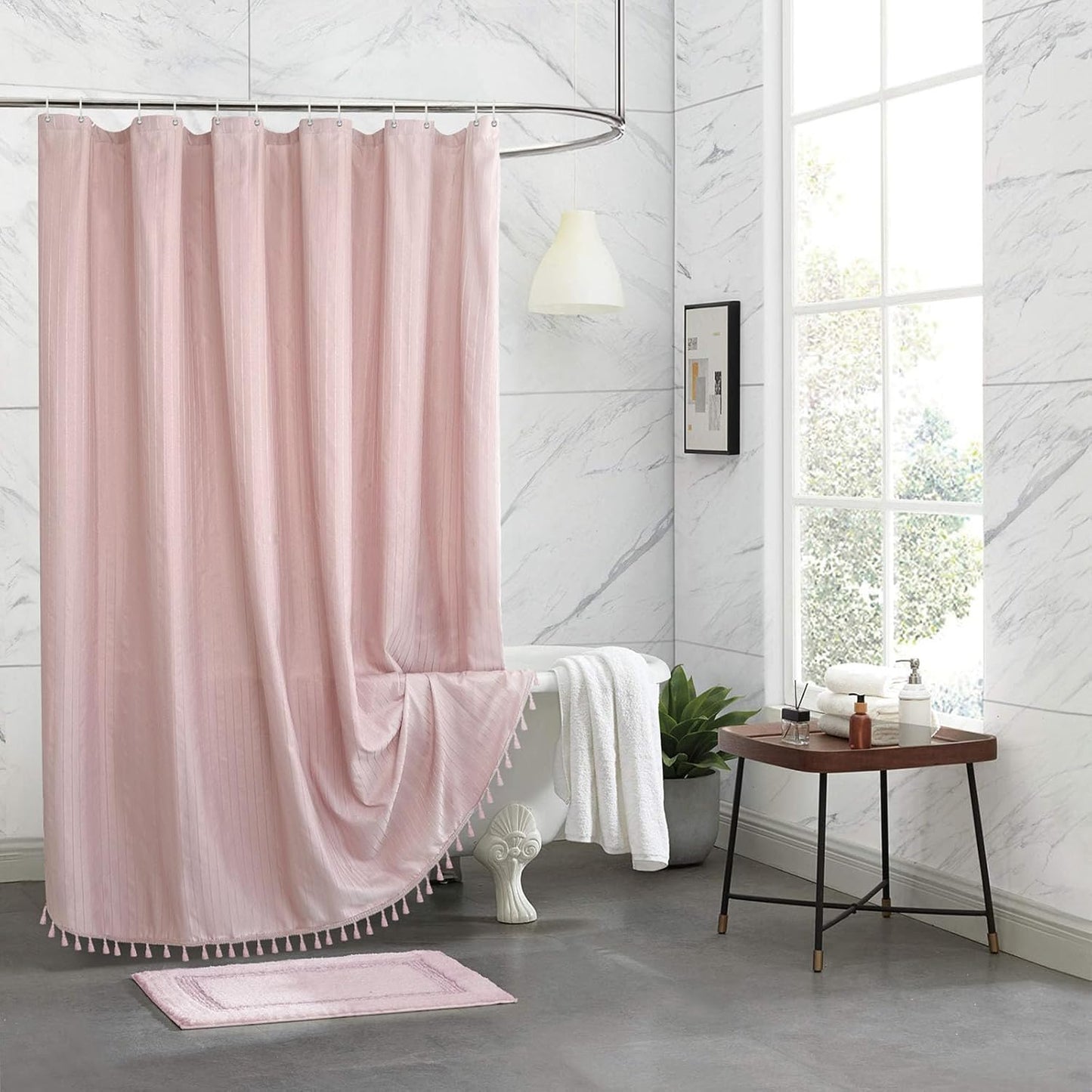 Seasonwood Pink Fabric Boho Shower Curtain Textured Vertical Stripe Tassel Shower Curtain Farmhouse Minimalist Cute Shower Curtains Pink, 72x72