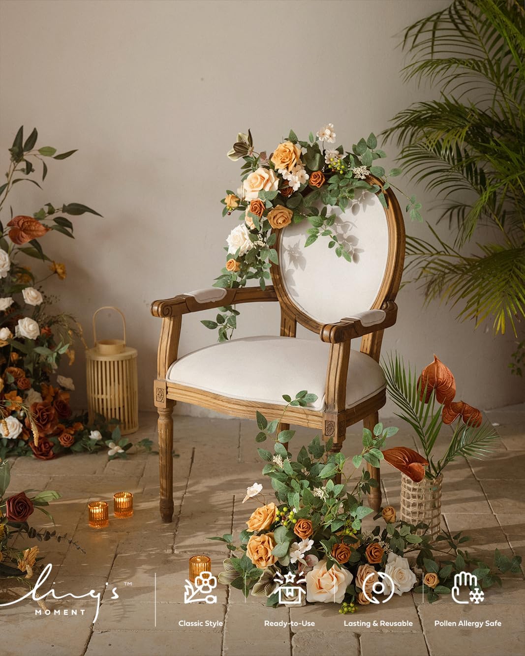Ling's moment 2PCS Apricot Peach Artificial Flower Garland Wedding Arch Flowers Floral Swags Centerpieces Decoration Rose Greenery for Sweetheart/Head Table Easel Wall Entryway Board Backdrop