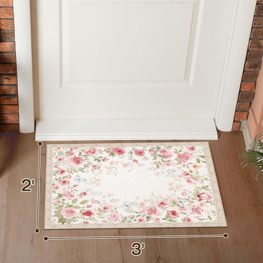 2x3 Machine Washable Area Rug for Entryway, Small Vintage Pink Floral Rug for Front Door, Non-Slip Low Pile Indoor Door Mat for Entryway, Bedroom, Dining Room & Kitchen(2x3 Pink Floral)