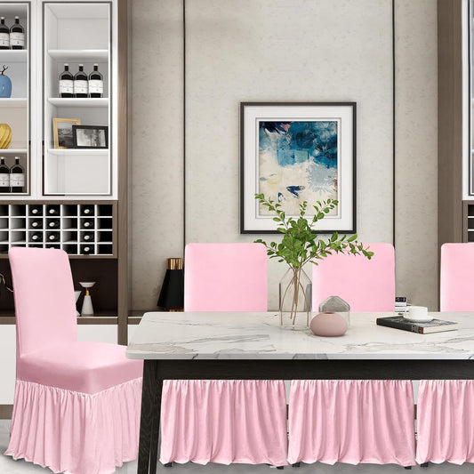 molasofa Chair Covers for Dining Room Set of 6 Stretch Chair Slipcovers with Skirt for Kitchen Seat Protectors Wedding Banquet Decor Kids Pets Spandex Fabric Washable (6pcs, Pink)