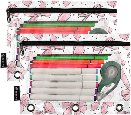 Cute Bows Pink Pencil Pouch for 3 Ring Binder, 2 Pack Waterproof Pencil Bags Clear Window Zipper School Office Supplies