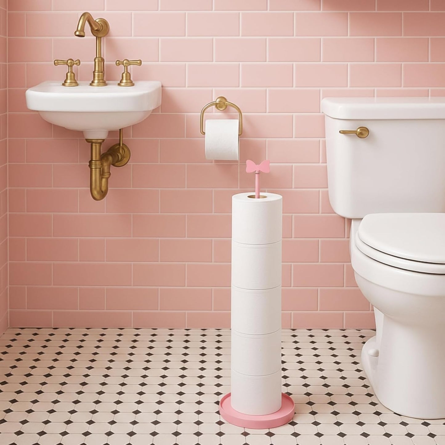 Sawysine Pink Bow Toilet Paper Holder Metal Cute Heavy Duty Toilet Paper Roll Storage Freestanding with Reserve Function Coquettish Bathroom Decoration Height 23.62