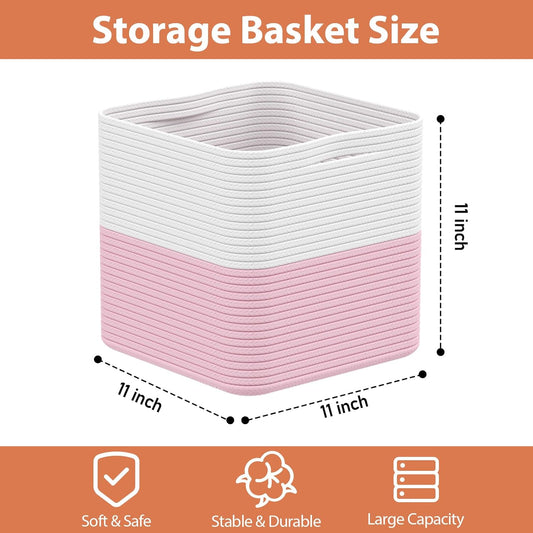 Storage Cotton Cubes 11 Inch, Woven Cotton Rope Storage Baskets for Toys Blanket Organizing, Storage Bins Decorative Organizer with Handles for Living Room Laundry Room Closet (3 Pack, Pink)