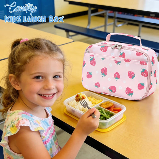 CAMTOP Lunch Box Kids Boys Girls Insulated Lunch Cooler Bag Reusable Lunch Tote Kit for School Travel (Pink Strawberry)
