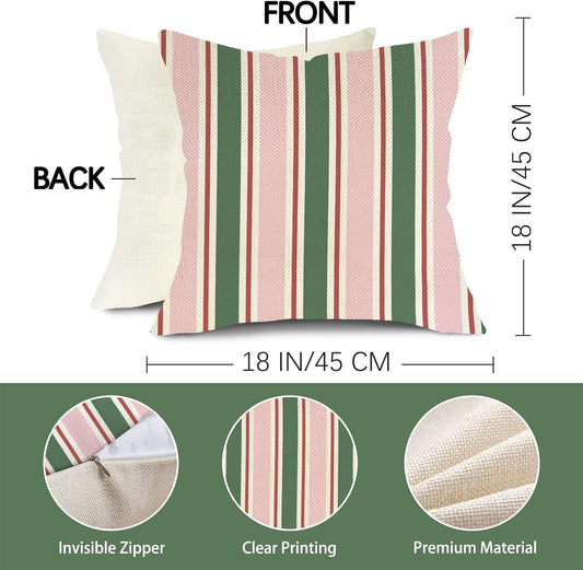Pink Green Striped Decorative Throw Pillow Covers 18 x 18 Set of 2, Boho Modern Minimalist Bedroom Living Room Outdoor Home Decor, Farmhouse Neutral Sofa Couch Cushion Case Housewarming Gifts