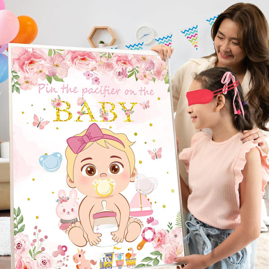 WNINK Pin The Pacifier On The Baby Pink Baby Shower Game Party Decorations Include Large Poster 30 Pacifier Stickers Game Set for Baby Shower Activity, Gender Reveal, Birthday Party Decor Supplies