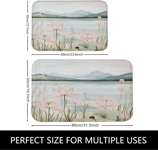 Water Lily Floral Quick Dry Bath Mat, Elegant Peach Water Lily Absorbent Non Slip Shower Mat, Spring Memory Foam Washable Bath Rugs for Bathroom Toilet Restroom Decorative 20x32 Inch