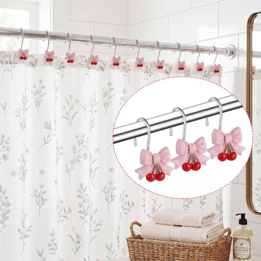 Mifoci 12 Pcs Pink Bow Shower Curtain Hooks Bow Knot Cherry Decorative Shower Curtain Hooks Resin Rust Resistant Glide Bathroom Ring Hangs for Bathroom Bedroom Living Room Art Decor