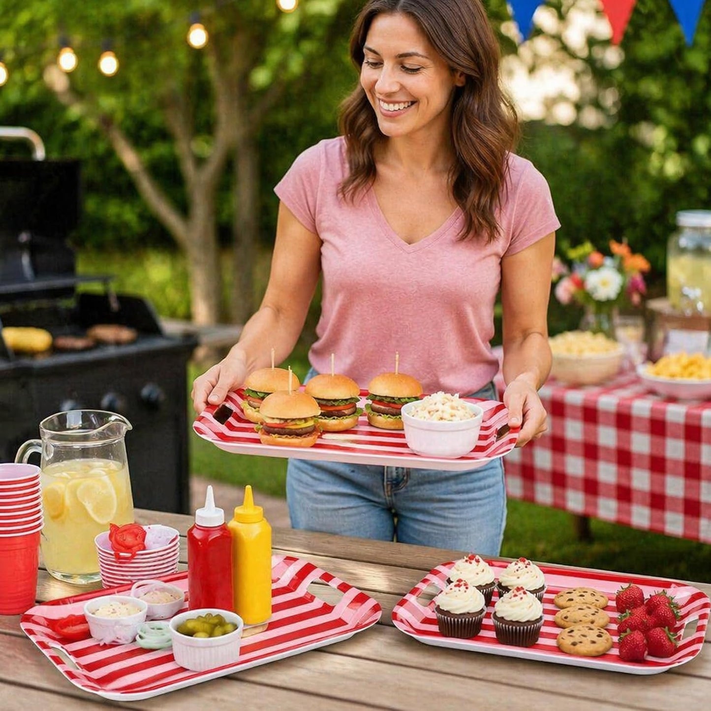 Whaline 3 Pcs Stripe Serving Trays Melamine Platter Red Pink Serving Dishes for Baby Shower Wedding Party Sharing Food Supplies, 16.5 x 11 Inch