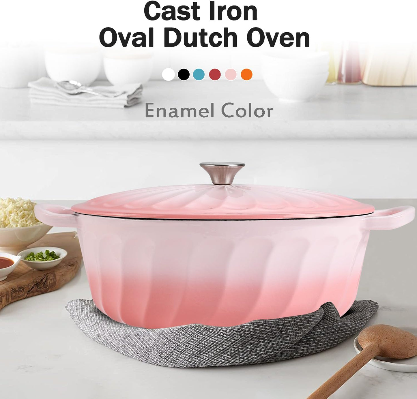 Enameled Dutch Oven Pot with Lid, 7 QT Cast Iron Dutch Oven with Dual Handles, Oval Dutch Oven for Cooking, Bread Baking, Frying, Non-stick Enamel Coated Oven (Gradient Pink)