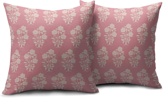 Light Pink Spring Summer Floral Pillow Covers 20x20 Set of 2 Block Print Cream Vintage Flower Leaves Outdoor Decorative Throw Pillows Farmhouse Pillowcases Cushion Case Sofa Couch Bed Home Decor