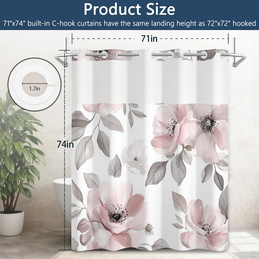 Blooming Pink Floral Shower Curtain and Liner Set, Double Layers Waterproof Fabric No Hook Shower Curtain with Mesh Top Window, Watercolor Flower Leaves Aesthetic Bathroom Curtains, 71x74 Inch