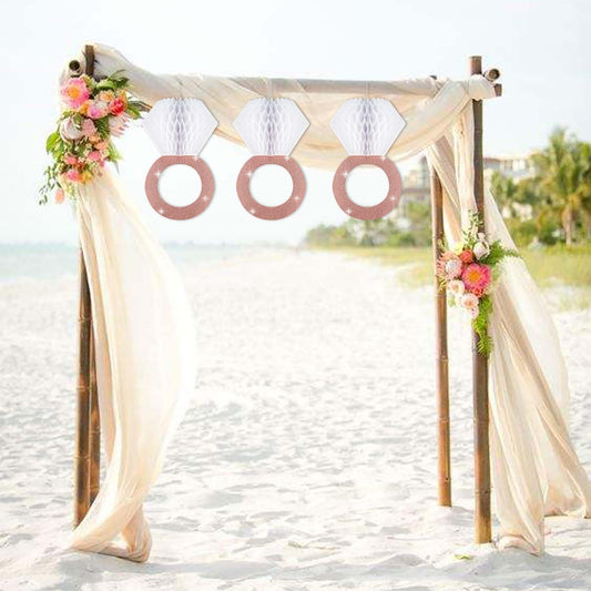 3 Pieces Honeycomb Diamond Ring Hanging Decorations for Wedding Party Bridal Shower Engagement - Glitter Gold Paper Balls Supplies for Engaged Decor (Rose Gold)