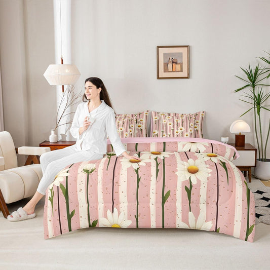 Manfei Stripe Daisy Comforter Set 7 Pcs Floral Cottagecore Kids Bed Set Sweet Girly Leaves Stems Bedding Twin with Comforter,Fitted Sheet,Flat Sheet,Pillowcases,Pillow Covers King Peach Pink