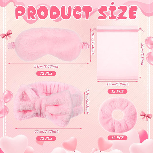 Mimorou 48 Pieces Spa Party Supplies 12 Spa Headband 12 Plush Sleep Eye Mask 12 Velvet Scrunchies 12 Organza Bags for Sleepover Slumber Party Favor Return Gift(Pink)