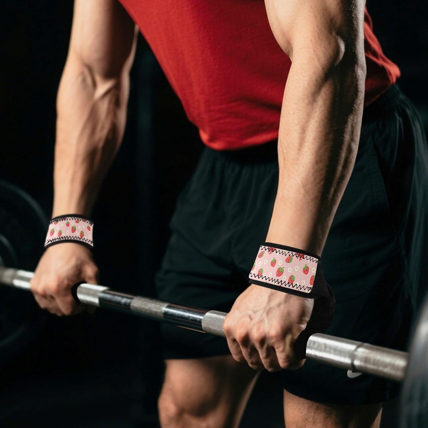 Cute Strawberries Bows Pink Pattern Lifting Wrist Straps for Weightlifting Powerlifting Anti Slip Deadlift Straps with Neoprene Padding Hand Grip Wraps for Strength Training Bodybuilding Workout Gym