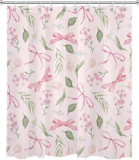 Pink Bow Floral Shower Curtain Bows with Vintage Flower Pink and Green Shower Curtain Set for Girls Bathroom Summer Wildflower Plant Cute Bathroom Shower Fabric Curtains with Hook,60x72 Inch