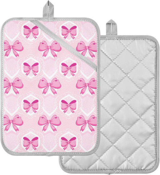 Light Pink Bows Pot Holders for Kitchen Heat-Resistant Potholders Oven Hot Pads 2 Pack Set
