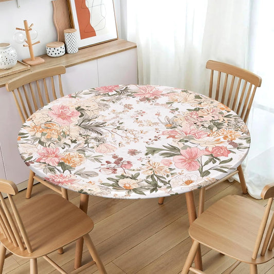 Chinoiserie Round Fitted Tablecloth with Elastic Edge,Water-Resistant Vintage Spring Oriental Pink White Floral for 40-44" Found Tables Pastoral Cream Flower Table Cloth for Dinner,Outdoor,Patio