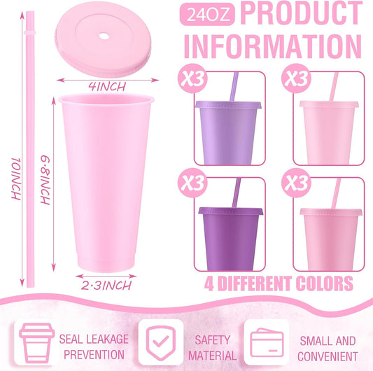 Skylety 12 Pcs Lavender Pink Plastic Cups with Lids and Straws 24 oz Reusable Tumbler Large Travel Mug Cup Coffee Beverage Drinks Party Supplies for Wedding Bridal Baby Shower Birthday