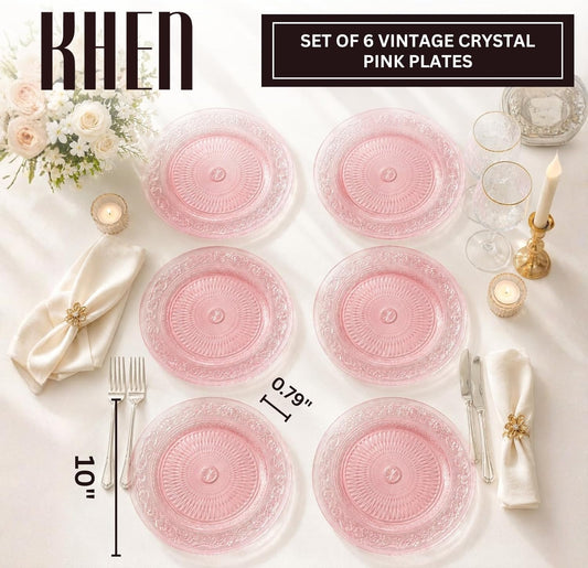 Art Deco Vintage Crystal Pink Plates | Set of 6 | Unique 10.5" Dinner or Charger Plates - Dinner, Charger, Dessert Server, Appetizer Plate, Snack, Fruit, Hand Wash, Housewarming Gift