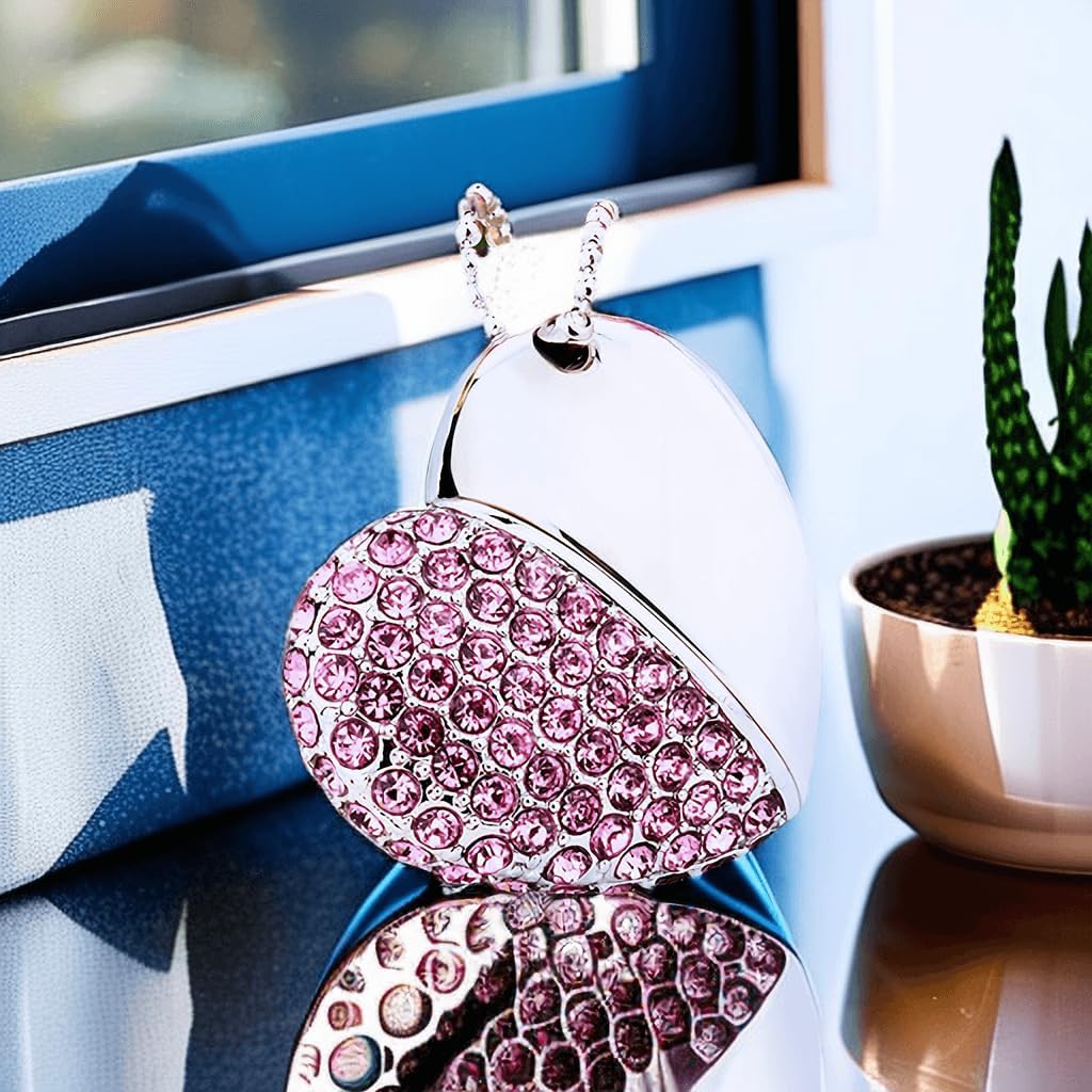 64GB USB 3.0 Flash Drive Diamond Heart with Necklace Memory Stick High Speed Data Storage Pink