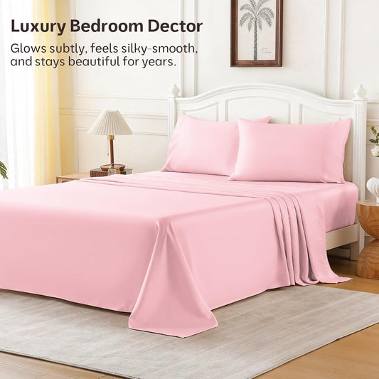 Queen Luxury Satin Sheet Set,4 Pieces Ultra Cooling Silky Feel Breathable Bedsheets, 16 Inch Deep Pockets Bed Sheets,Good for Hair & Skin, Blush Pink