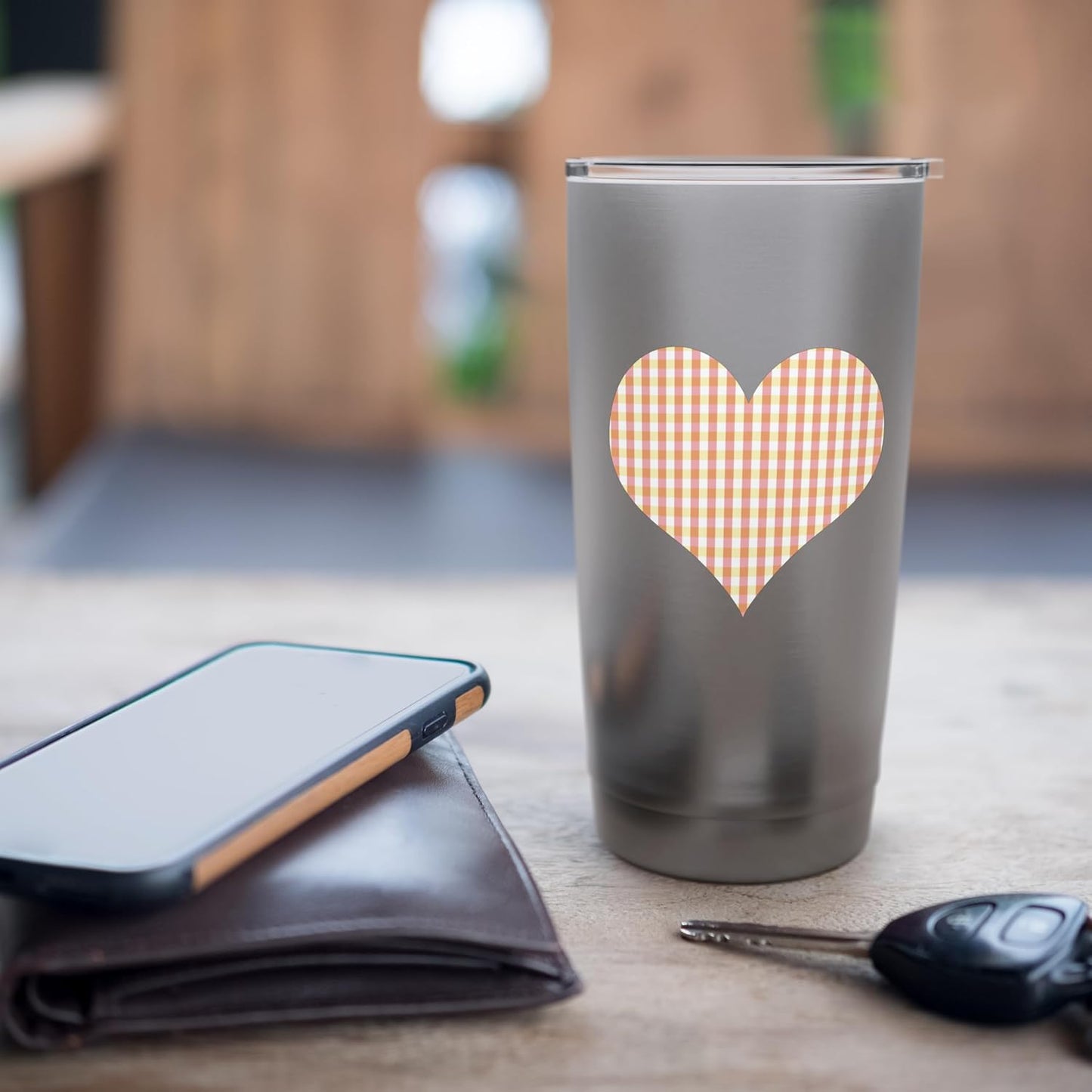 Cute Peach Yellow Plaid Checkered Gingham Pattern Minimalist Stainless Steel Insulated Tumbler