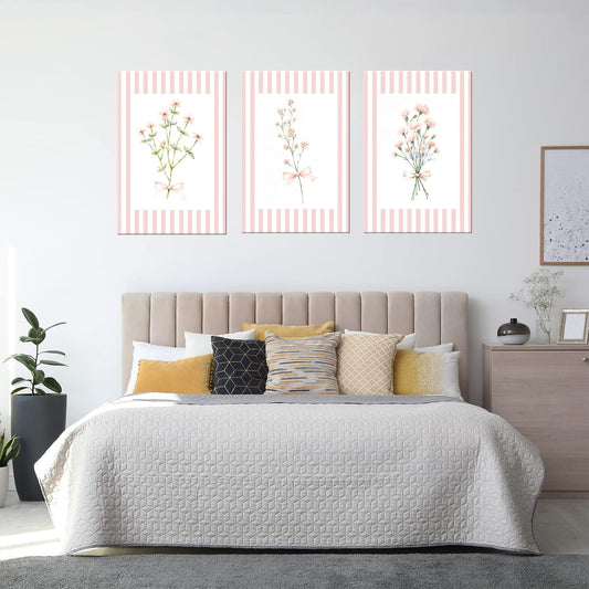Trendy Pink Floral Wall Art Set of 3, Preppy Canvas Prints with Bow and Stripe Border Cute Aesthetic Botanical Wall Decor Artwork for Bedroom Bathroom Home Decor Girl Dorm Room,24x16 in Framed