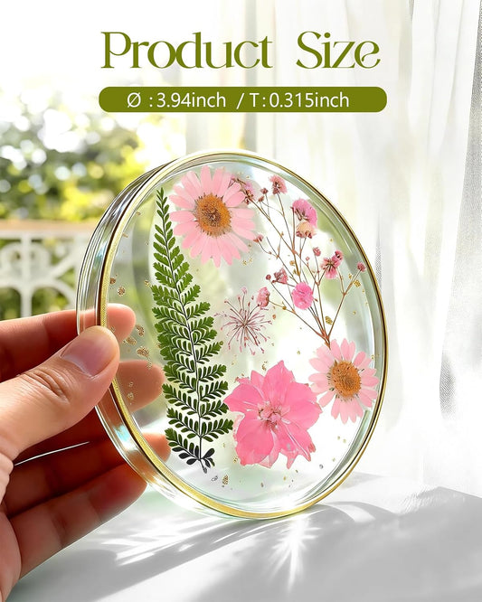 Oqplog Resin Drink Coaster for Desk Coffee Table-Pink Cute Dried Flowers Cup Coaster for Work Office Home Outdoor Decor Gifts for Girls Women,1 Pcs