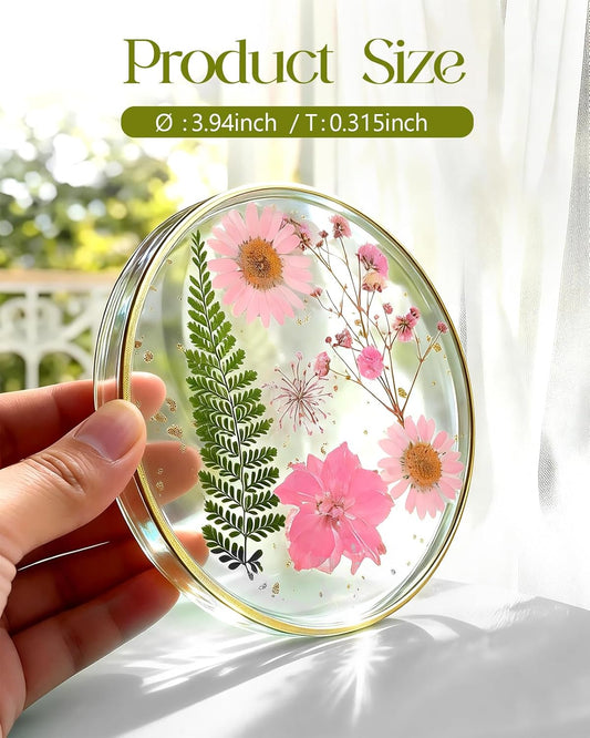 Oqplog Resin Drink Coasters for Desk Coffee Table-Pink&White Dried Flowers Round Shape Cup Coasters Set of 2 for Office Home Outdoor Decor Gifts for Girls Women