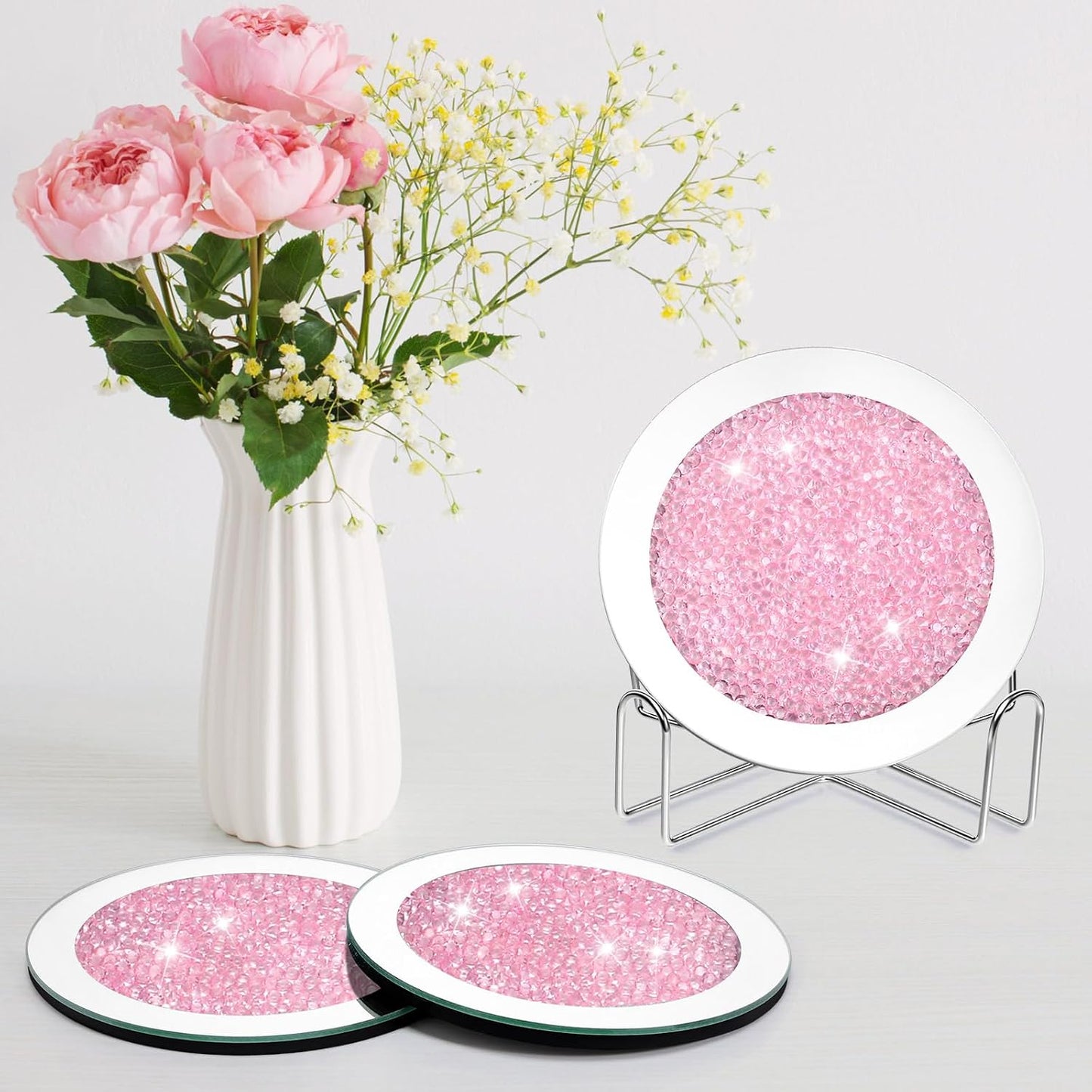 Jetec Mirrored Glass Coaster Set of 6 with 1 Holder 7" Crushed Diamond Round Cup Mat Glitter Crystal Rhinestone Glass Coaster Bling Table Decor for Bar Kitchen Gift for Christmas(Pink)
